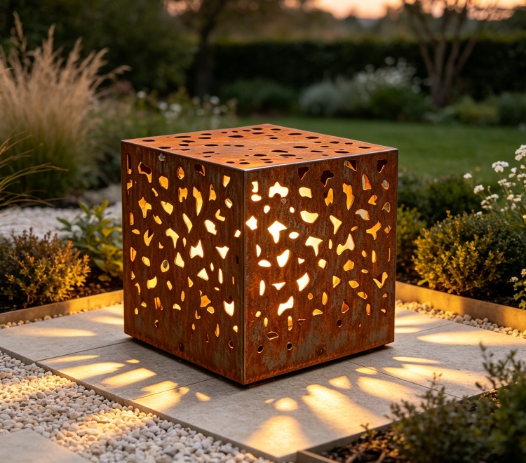 Corten steel cube outdoor lights