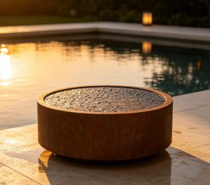 Circular weathering steel pond for garden