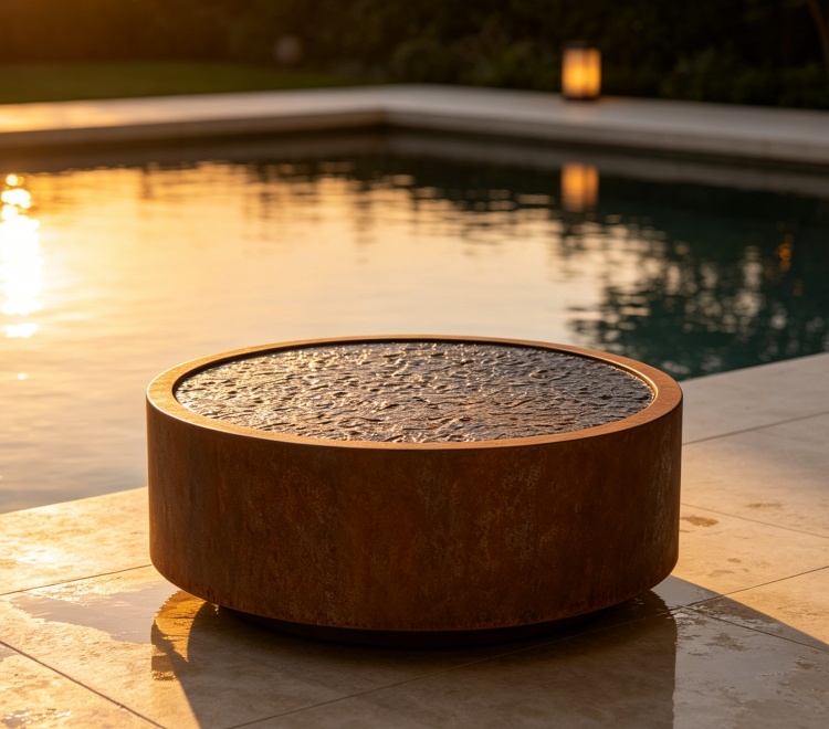 Circular weathering steel pond for garden