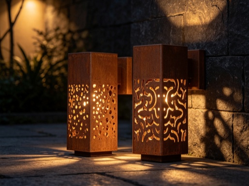Weathered steel garden lighting